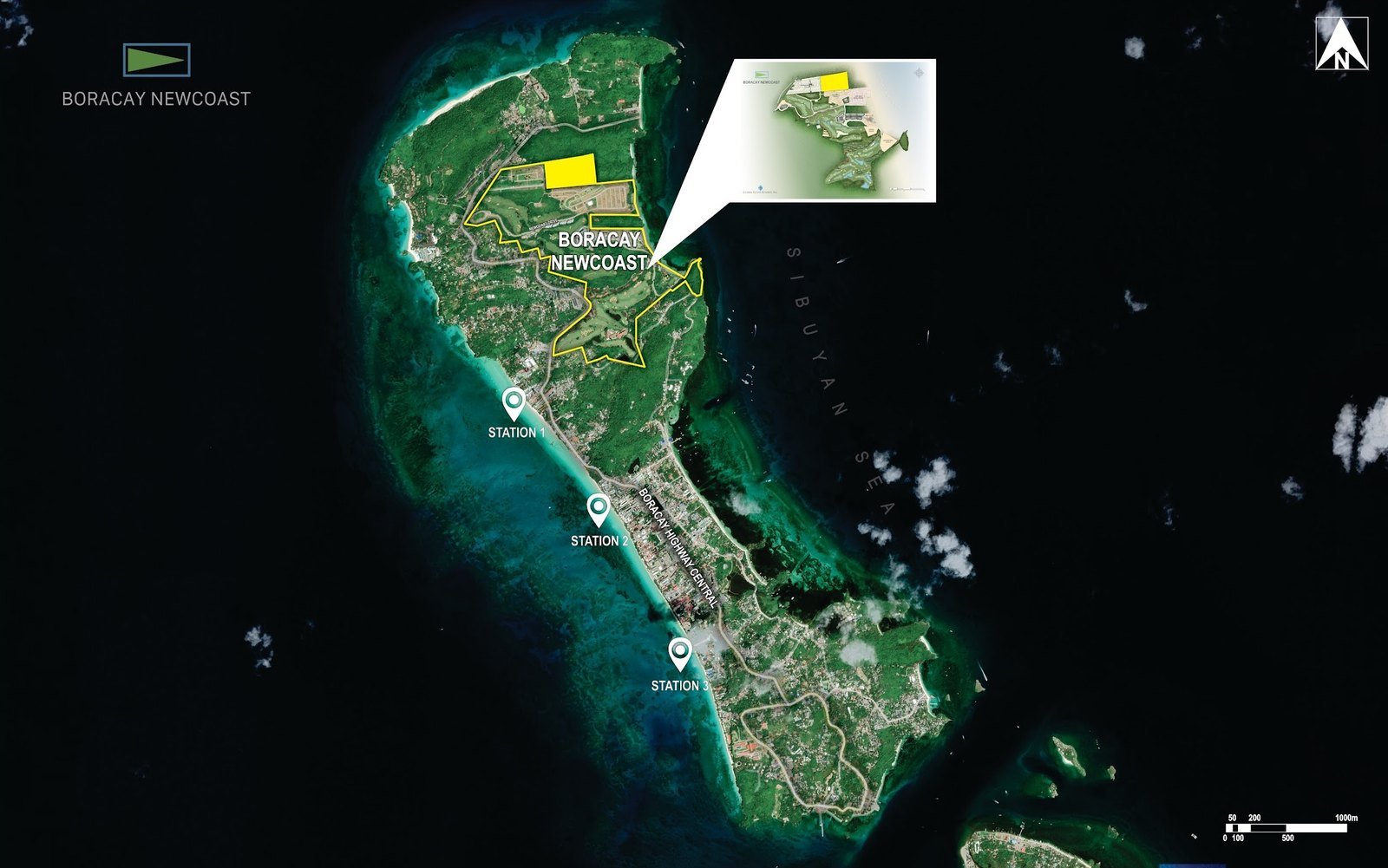 Satellite map of Boracay Island with the Boracay Newcoast township outlined