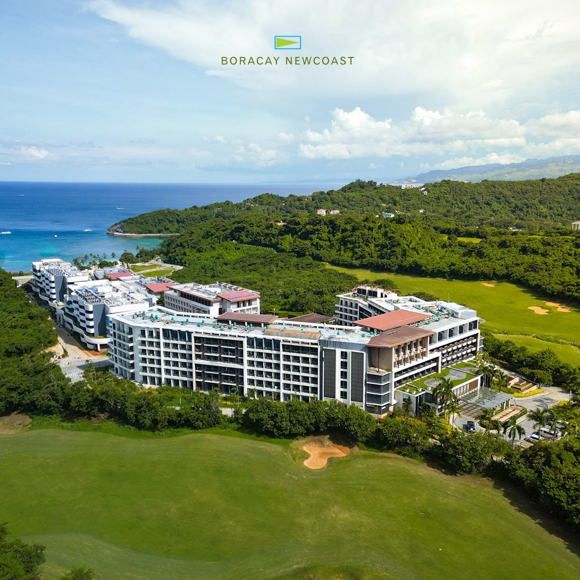 Aerial of the Boracay Newcoast hotels beside the golf course